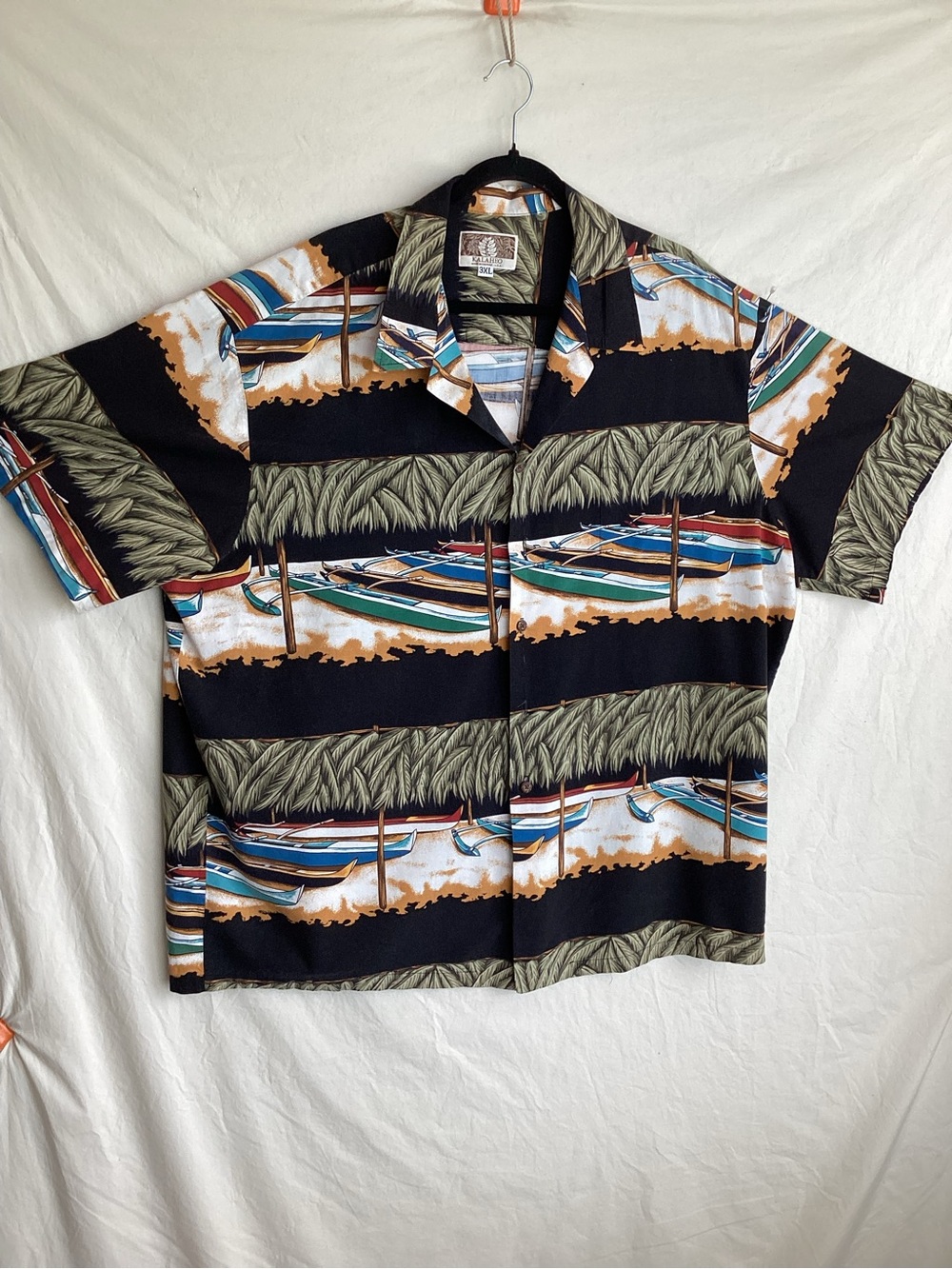 Kalaheo Hawaiian button down shirt floral boats palm leaves made in USA